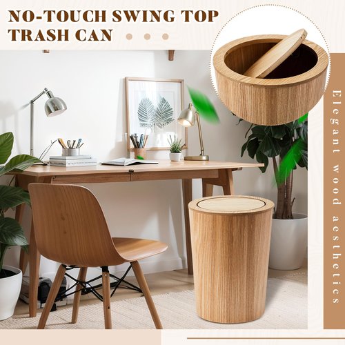 Reallnaive 2 Pieces 8 L/ 2.1 Gal Round Trash Can with Lid Wooden Garbage Can Swing Lid Waste Recycling Bin for Office Home Living Room Kitchen, 9.45 x 7.6 x 11.8 Inch