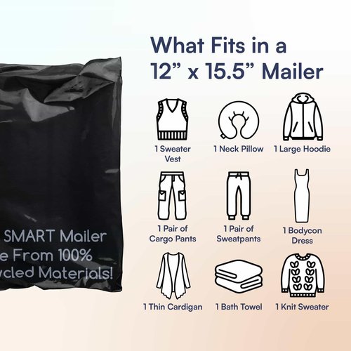 SMART 12x15.5 Recycled Poly Mailers - 100 Pack of Black Eco-Friendly Packaging Mailing Bags | Recyclable & Sustainable, Cute & Stylish Small Business Supplies | 2.5 Mil Thick - 100 Pack