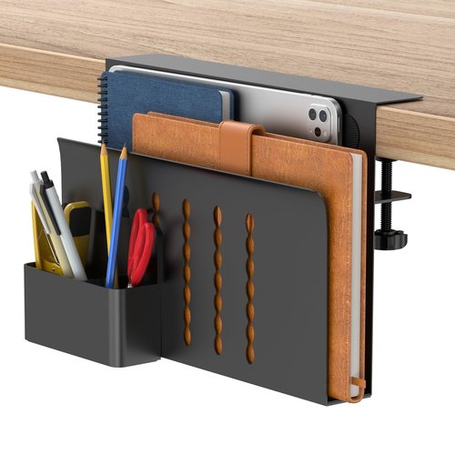 HAMOPY Desk Side Storage, Single-Layer Steel Hanging Desk Organizer with Magnetic Pen Holder, No Drilling Desk Drawer Cable Management Tray, Under Table Laptop Holder for Office, School&Home(Black)