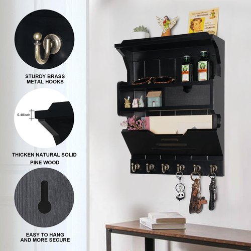 Mutsault Key Holder for Wall, Elegant Wall-Mounted Mail Organizer with Storage Drawers, Black
