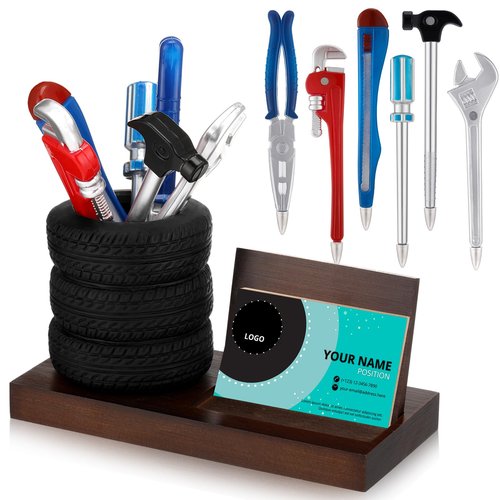 Feifeiya 7 Pcs Tire Shape Stationery Set Wooden Tire Pen Holder Business Card Holder Desktop Novelty Desk Organizer Tool Funny Automotive Desk Accessories for Men Gifts Mechanic Car Lovers(Brown)
