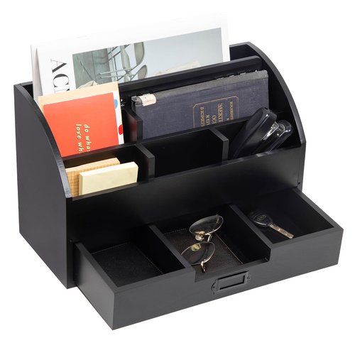 canwedance Distressed Rustic Wooden Office Desk Organizer 5 Compartment with 2 Drawer &Counter Desk Tabletop Desktop Mail Rack, Pens, Notebooks, Folders, Pencils and Office Supplie(black)