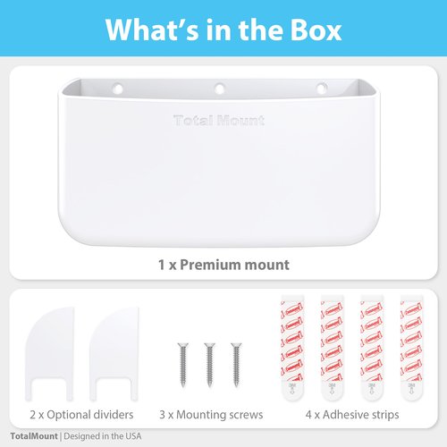 TotalMount Hole-Free Remote Holder – Eliminates Need to Drill Holes in Your Wall (Premium White Holder for 3 or 4 Remotes)