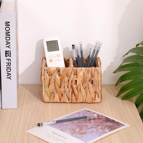 SWT8CAI Remote Control Holder Wicker Desk Organizer Woven Storage Basket,TV Remote Control Organizer Holder Storage Caddy for Table with 2 Compartments