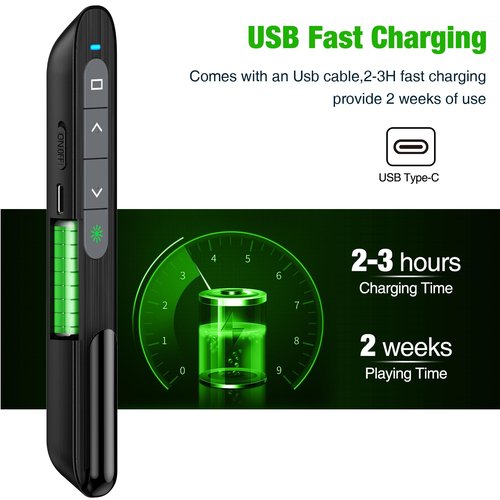 USB C Rechargeable Presentation Clicker with Green Light,Remote Clicker for Presentations Wireless Presenter Slide Changer PPT Advancer Pointer with Volume Control for Laptop Computer