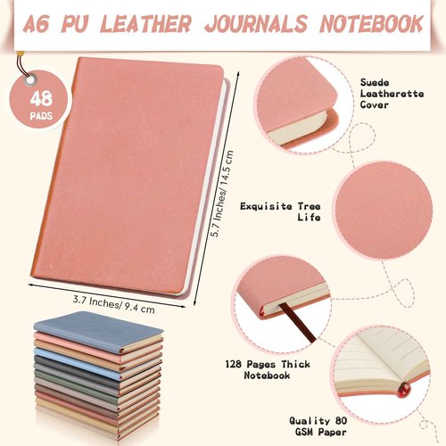 PerKoop 48 Pcs A6 PU Leather Journals Notebook Bulk Lined Journal Soft PU Leather Cover Ruled Writing Notebook for Home Writing School Office Business 128 Pages 5.7 x 3.7 Inch(Dark Color)