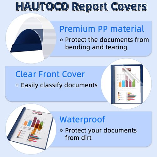 HAUTOCO 5 Pack Plastic Report Covers - Clear Front with 3 Prong Fasteners | Navy Blue for 8.5x11 Paper