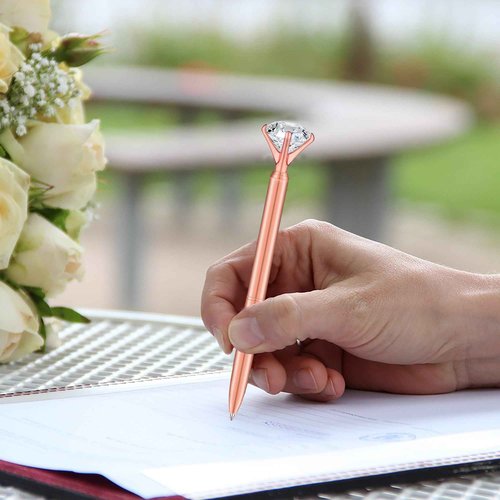 Bulk Diamond Pens with Big Crystal,50 Pieces Bling Metal Ballpoint Pen Fancy Black Ink Pens for Office School Supplies, Wedding Bridal Shower(Rose Gold)