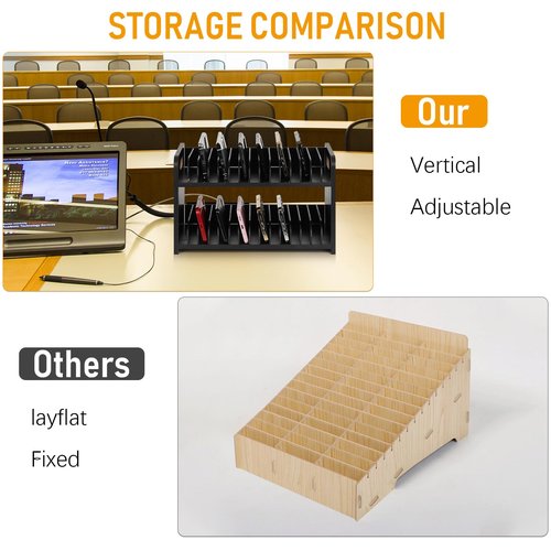 Ozzptuu Cell Phone Storage Classroom Cell Phone Holder Adjustable Wooden Multiple Rack Caddy Organizer Box for Classroom Office Desktop with 1-30 Number Stickers (30-Grid) (Black)