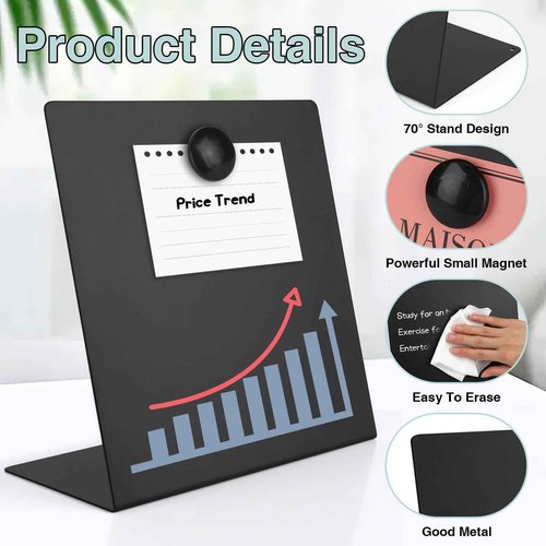 4 Pcs Magnetic Bulletin Board with Stand, 8x8inch Magnetic Display Board, Metal Tabletop Memo Board, Black Message Board with 8 Magnets for Home Kitchen School Office