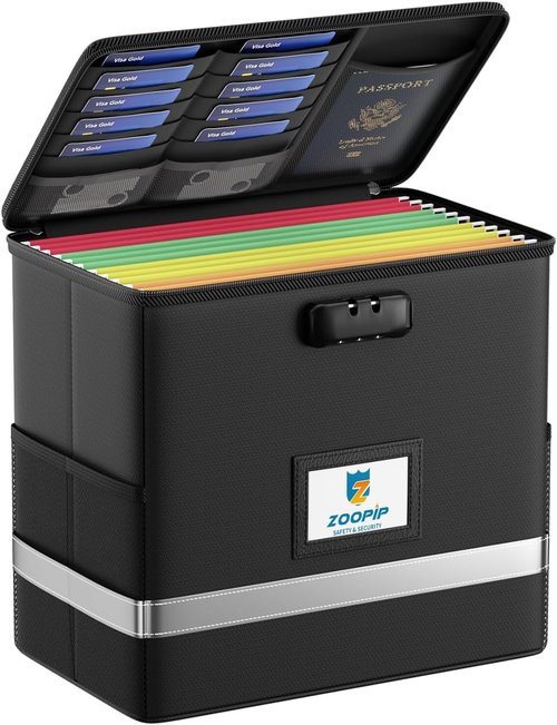 Fireproof File Box with Lock | Document Storage Organizer for Letter Size Folders | Collapsible Design, Black