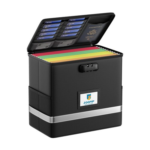 ZOOPIP Fireproof File Box with Lock, Document Box Storage Organizer, Suitable for Hanging File Folders in Letter Size, Collapsible File Box, Reflective Strip for Fast Find (12.2"*6"*10.2, Black)