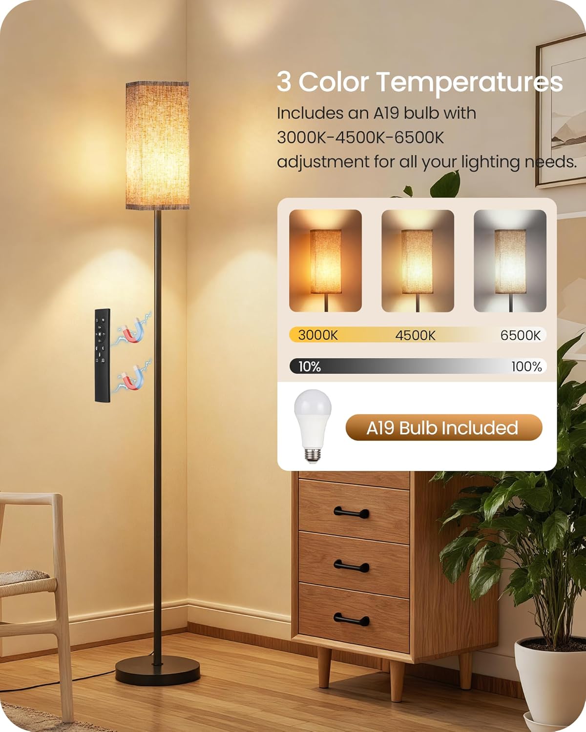 Skiennix Dimmable Floor Lamp - Modern Corner Lamp with Remote & Foot Switch | Beige & Black, 64.2” Tall