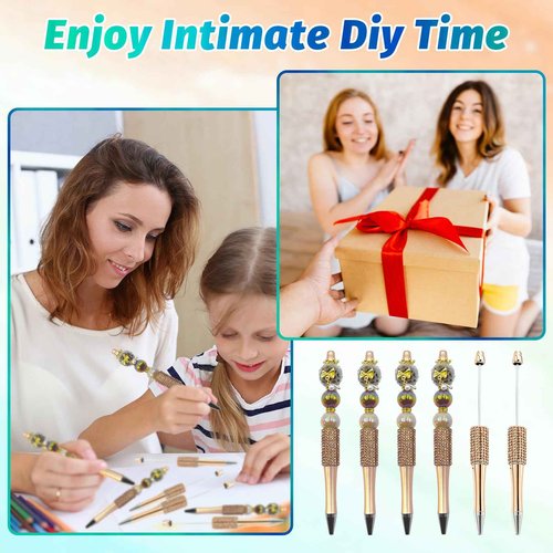 DASTTUIS 150 Pcs DIY Diamond Beadable Pen Kit - 50 Plastic Rhinestone Beaded Pens Bulk with Refills & Bags - Fancy Cute Glitter Pens for Crafting, Students & Teachers – School Supplies (Gold)