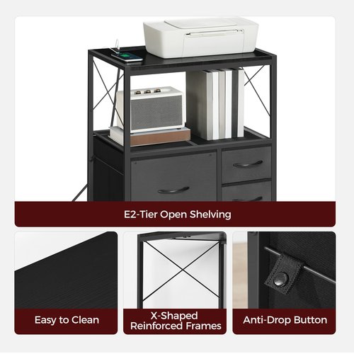 MAHANCRIS File Cabinet with Charging Station, 3 Drawer Lateral Filing Cabinet for Home Office, Mobile Printer Stand with Open Shelf, Fits A4/Letter Size File, Nonwovens Drawer, Black FCHB98E01