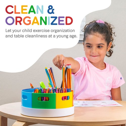PUZZLE EZ Kids Crayon Organizer and Storage - Lazy Susan School Art Supplies Caddy for Classroom | Rotating Kids Desk Organizer | Pencil Marker Stationary Holder for Teachers & Students
