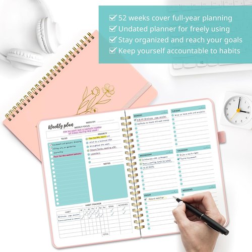 Rosy Undated Weekly Planner - A5 Goal & Habit Tracker Notebook with Spiral Binding, 6.1" x 8.2"