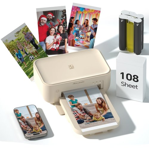 4x6 Photo Printer with 108 Sheets & 2 Ribbons - Dye Sublimation Wireless Portable Photo Printer for iPhone & Android Smartphones, Home & Travel Picture Printing, Ideal Gift, Beige