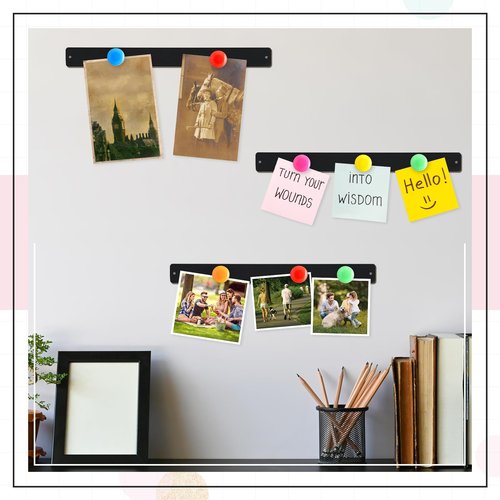 Wovnet 18 Pcs Magnet Bulletin Board Strips 11.81 x 1.1 Inches Frameless Stainless Iron Board Strip with Colorful Magnet Self Adhesive Memo Strip for for Office Home Wall Photo (Black)