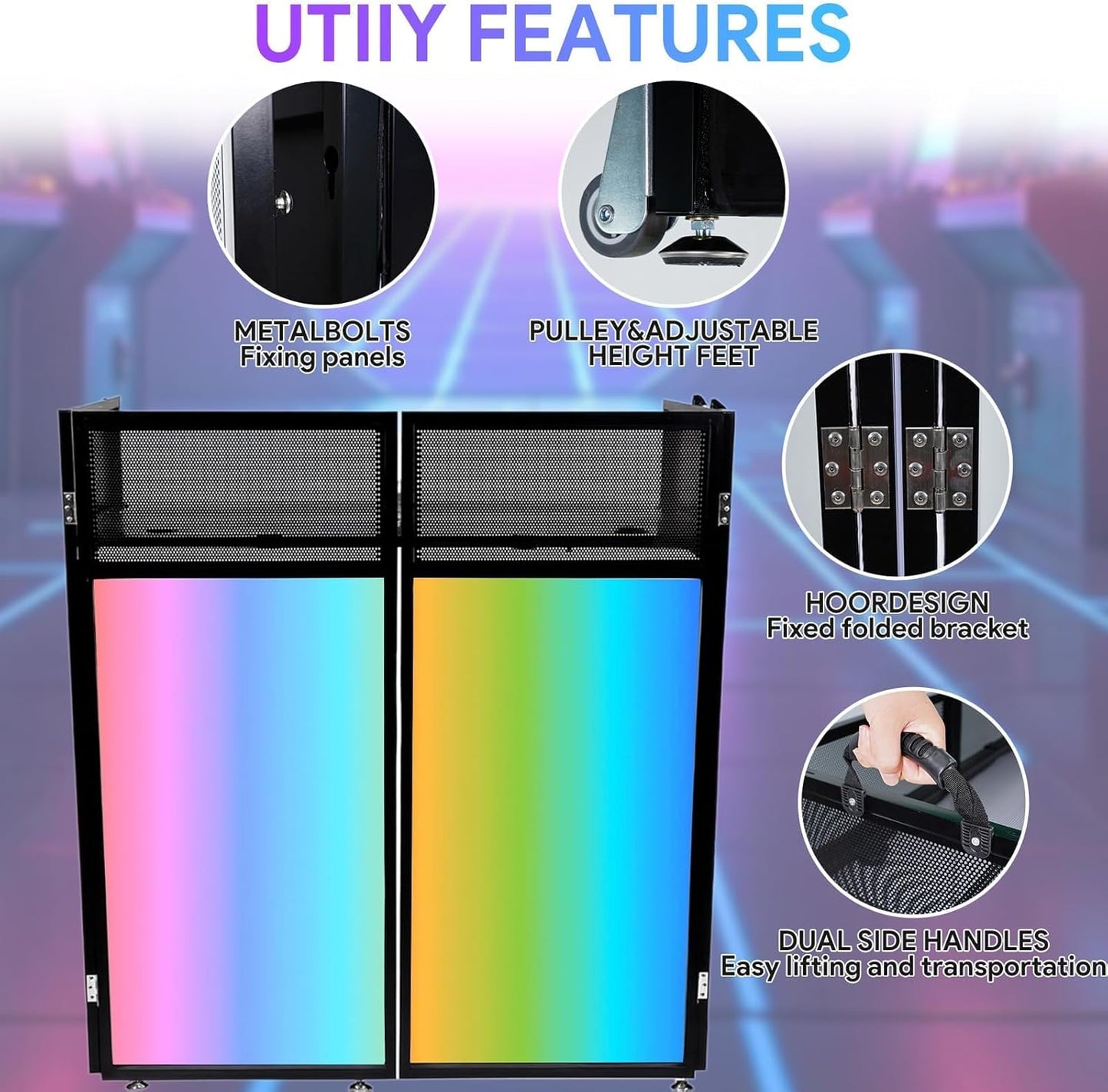 Skiennix DJ Booth - Upgraded Portable 44x20x50 Inch Facade with Wheels & Replaceable Scrims | Ideal for Events & Weddings