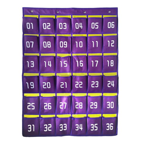 YEALGHAR 36 Numbered Classroom Pocket Charts for Cell Phone Calculator Holder, Wall Door Mount Hanging Organizer with Hooks for Teachers Purple