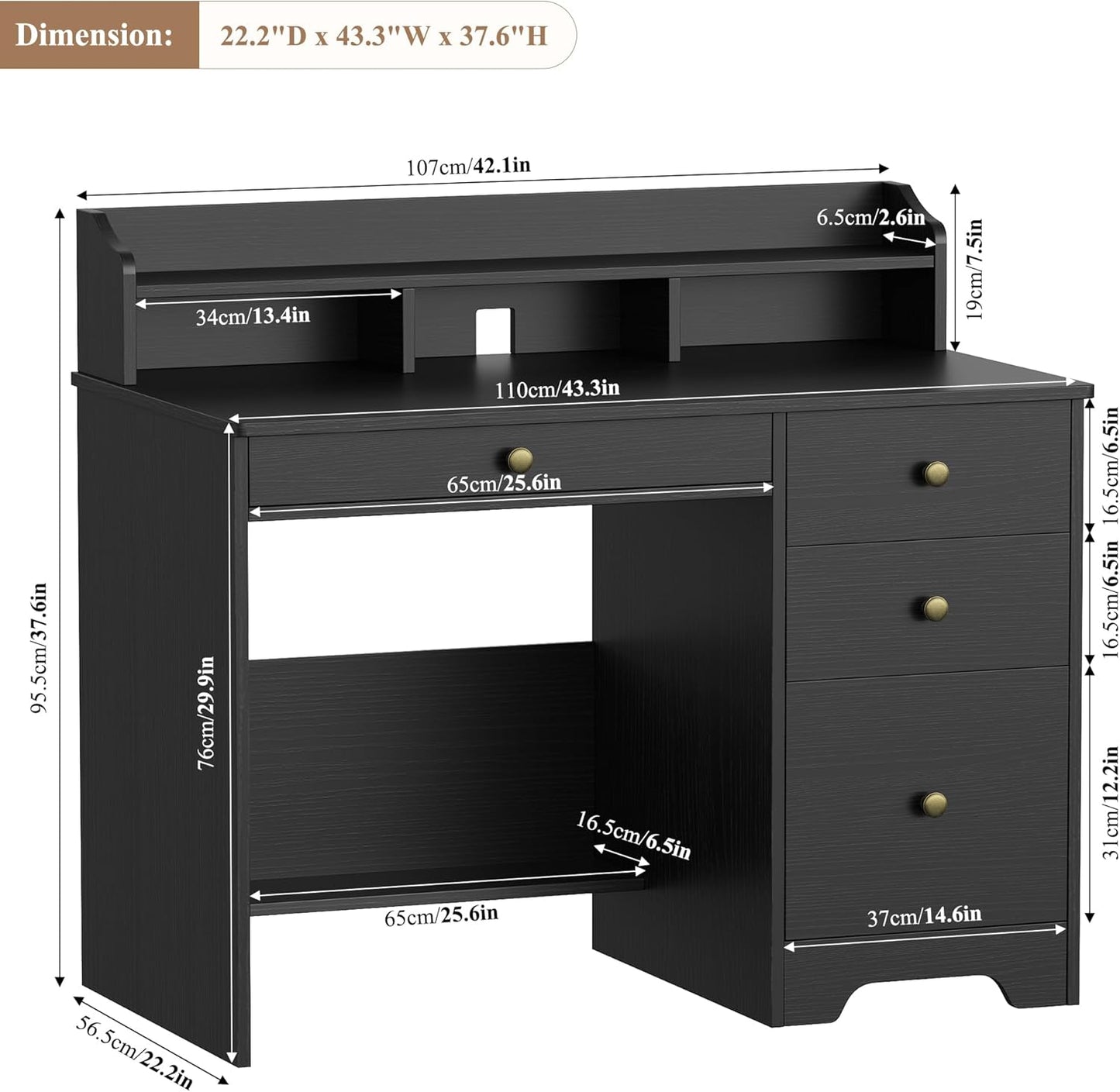 TTVIEW Computer Desk - Wood Writing Table with Drawers & Hutch Shelf | 43” Wide, Black Finish