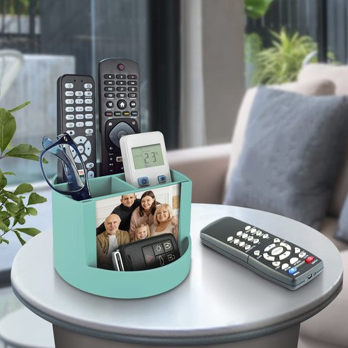 Acrimet Compact Desktop Organizer, 4 Spacious Slots, Round Pencil and Accessories Holder with Photo Slot, Ideal for Office, Art Supplies, Vanity Storage, and Home Organization (Solid Green Plastic)