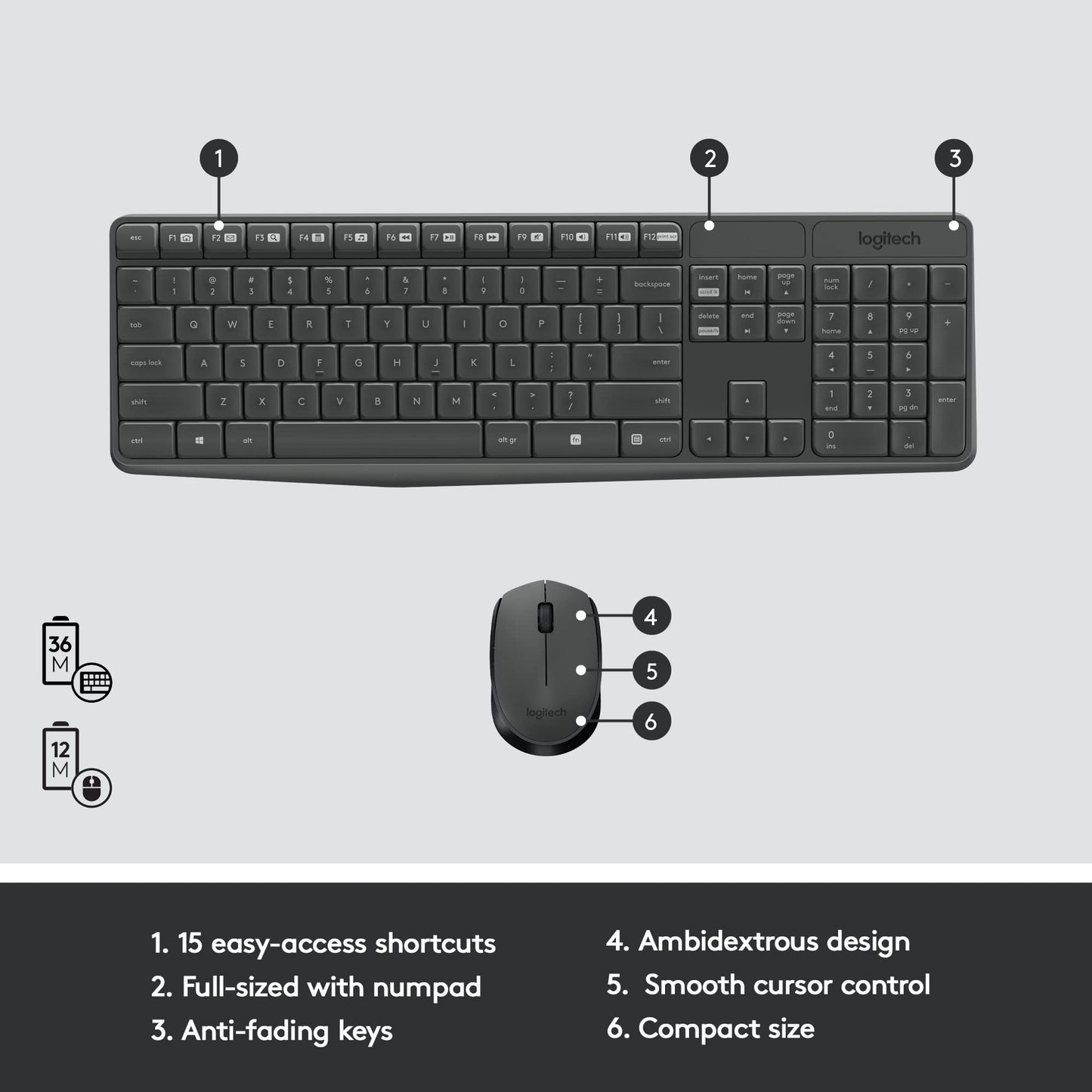 Logitech MK235 Wireless Keyboard and Mouse Combo for Windows, 2.4 GHz Wireless USB Receiver, 15 FN Keys, Long Battery Life, Compatible with PC, Laptop