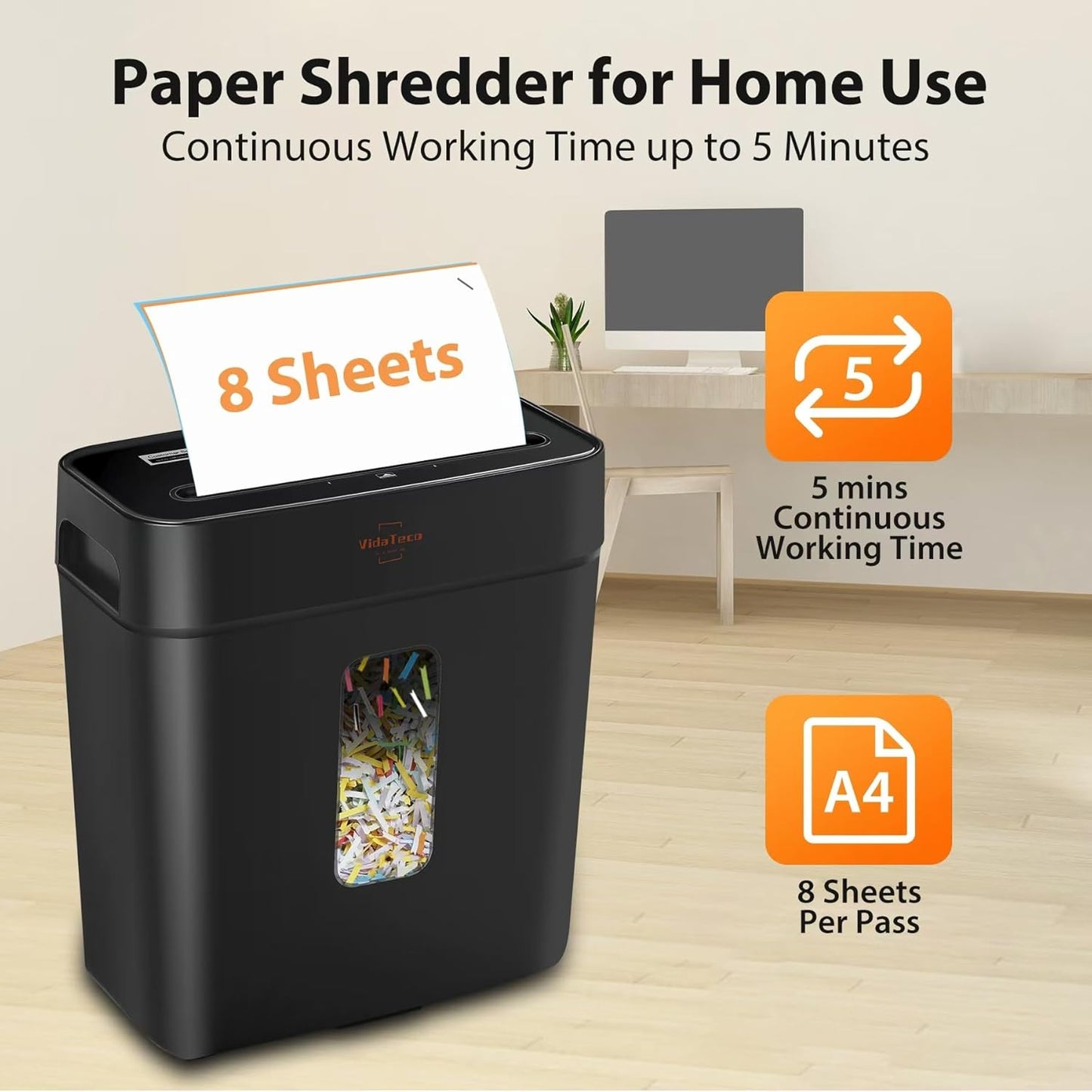 VidaTeco 8-Sheet Cross-Cut Paper Shredder - P-4 Security, Jam Proof, 3.04-Gal Bin for Home Office