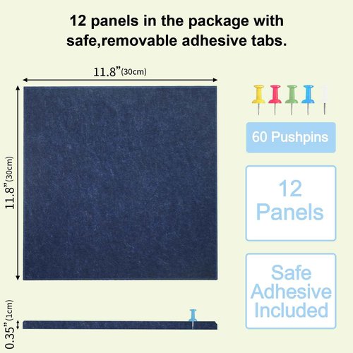 Large Cork Board Felt Wall Tiles, 47"x35" 12 Pack Felt Bulletin Board Pin Board with 48 Safe Removable Adhesive Tabs, 60 Push Pins, Alternative Cork Board for Walls Home Office, Navy Blue