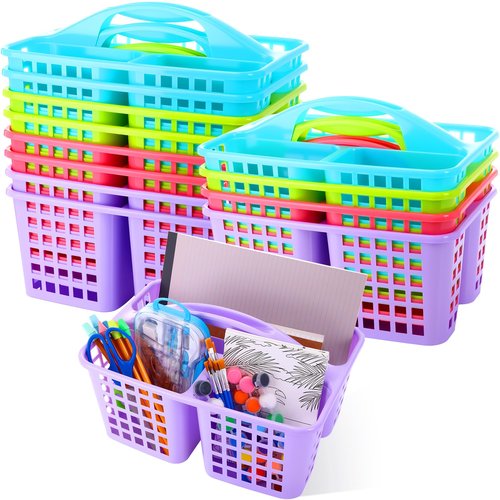 12 Pack 12 x 9 x 5 inch Classroom Storage Caddies Stackable Bulk Extra Large Plastic Table Caddy with Handle Portable Basket Bins Organizers for School Art Craft Supplies, 3 Compartment(Vivid Color)