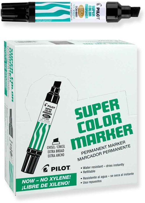 PILOT Super Color Jumbo Refillable Permanent Markers, Xylene-Free Black Ink, Extra-Wide Chisel Point, 12-Pack (45100)
