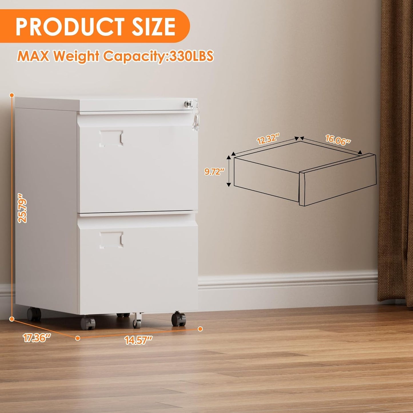 SUXXAN Mobile File Cabinet - Heavy Duty Steel with Lock | 2 Drawers for Letter/Legal Size Files, Anti-Tip Design, 5 Casters