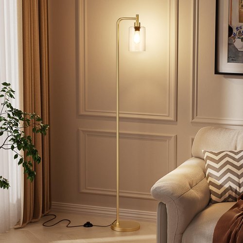 Ziisee Floor Lamps for Living Room - Industrial Standing Lamp with Glass Shade, Modern Gold Floor Lamp with LED Bulbs, Farmhouse Floor Lamp for Bedroom, Tall Lamp for Office - Gold