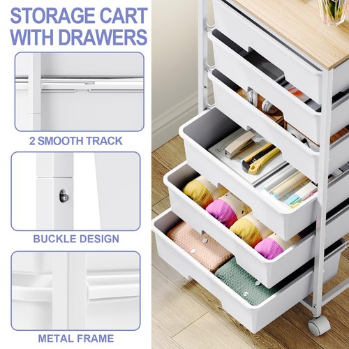 Rolling Storage Cart with Drawers,Utility Cart with 6 Large Drawers and Wooden Tabletop,Craft Storage Cart with Lockable Wheels for Bedroom, Office, Classroom, Kids'Room, Living Room (White)
