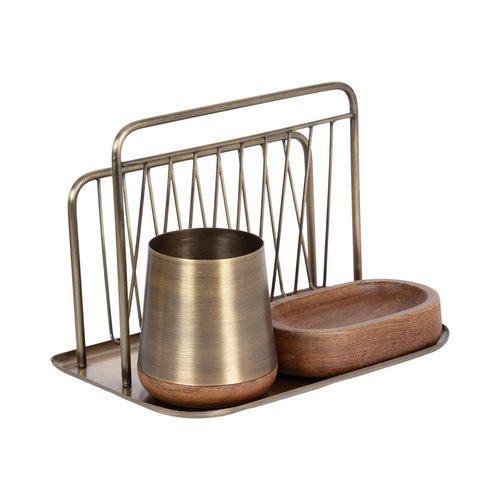 Kate and Laurel Koni Modern Three-Piece Home Office Organization Set, 13 x 8 x 9, Walnut Brown and Antique Brass, Wood and Metal Organizational Set for Office with File Folder Holder