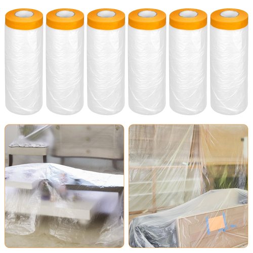 uyoyous 6 Rolls Pre-Taped Plastic Masking Film, 9x67 ft Painters Covering with Drape Paper, Paint Adhesive Protective Film Roll for Cars, Auto and DIY Project Essentials