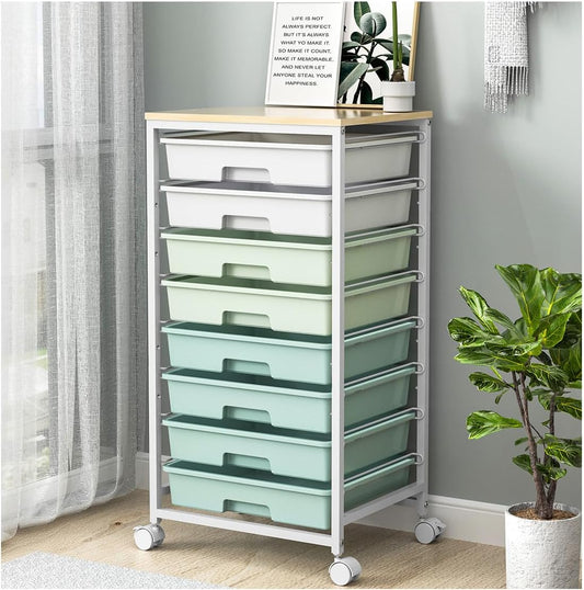Skiennix Rolling Storage Utility Cart - 8 Drawer Organizer with Wooden Tabletop | Green for Home & Office