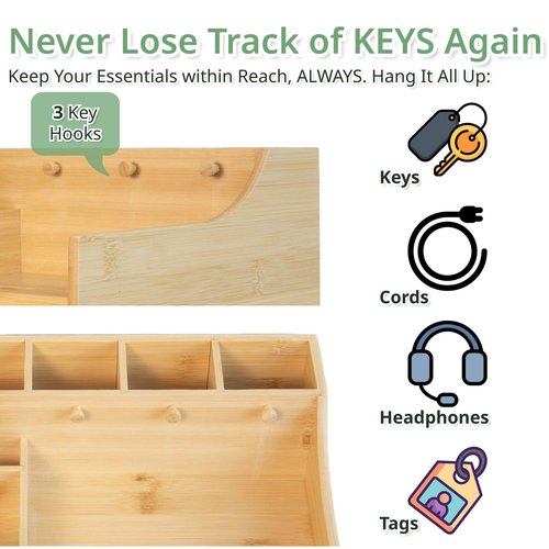 5in1 Bamboo Wood Desk Organizer with Cable Management Spacious Desk Storage & Phone Holder with Key Hooks Home & Office Supply Accessories. No Assembly