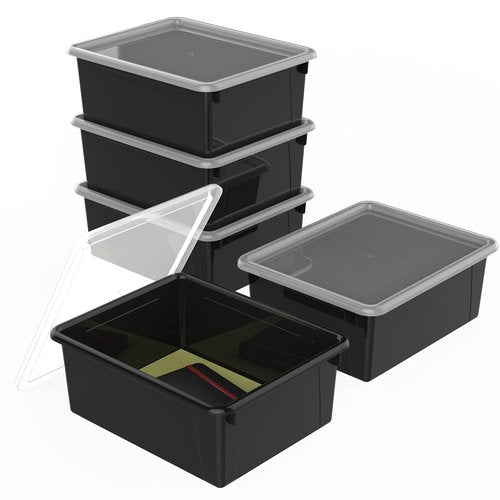 Storex Letter Size Deep Storage Tray – Organizer Bin with Non-Snap Lid for Classroom, Office and Home, Black, 5-Pack (62543A05C), 10 x 13 x 5 Inches