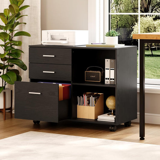 VINGLI 3 Drawer Wood Lateral File Cabinet - Adjustable Shelves & Locking Wheels | Sturdy Black Design for Home Office
