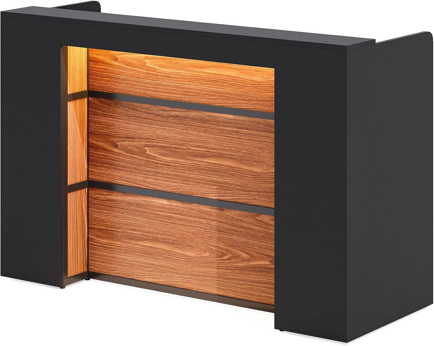 LITTLE TREE 63 Inches Reception Desk, Modern Reception Table with LED Light, Front Counter Desk, Wooden Checkout Counter for Lobbies, Salons, Retail, Home Offices, Reception Room, Black & Brown