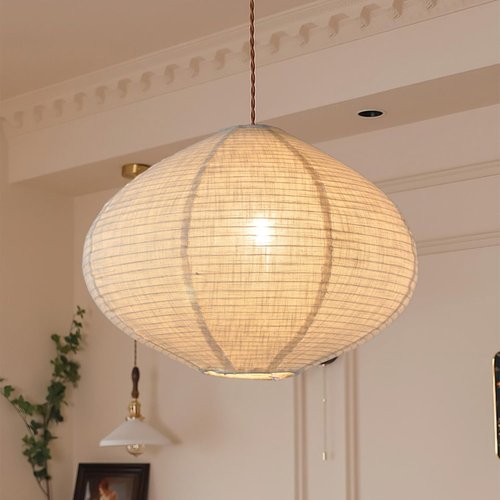 METHEDEECO 1PCS Hanging Fabric Lamp Shade 16inch,Handmade Linen Pendant Light Shade Handmade Minimalist White Beige foldable Hanging Lanterns for bedroom Living Room kitchen,house gift