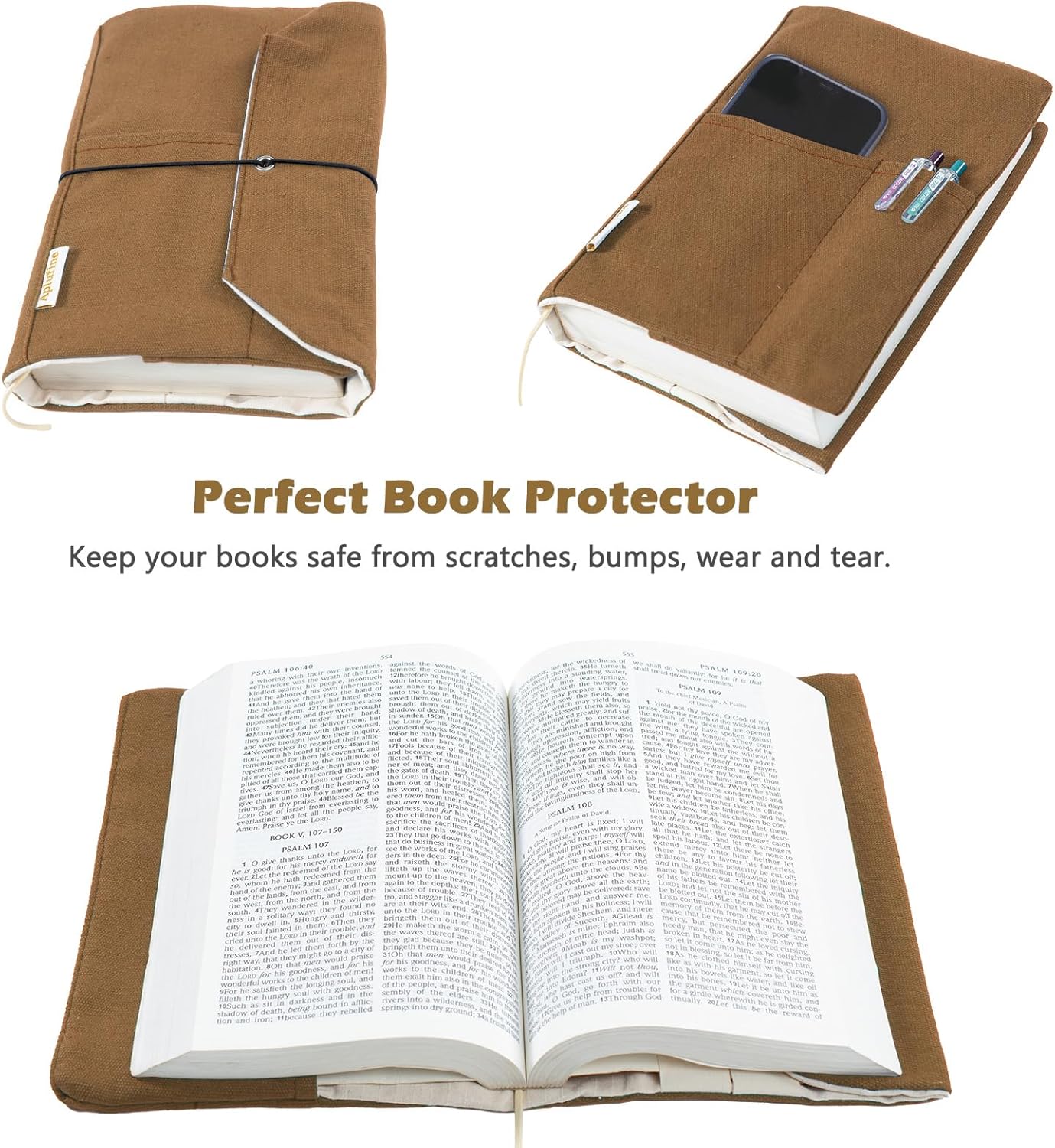 Skiennix Canvas Book Covers - Adjustable Pockets for Pens | Washable Protector for Paperback & Hardcover Novels