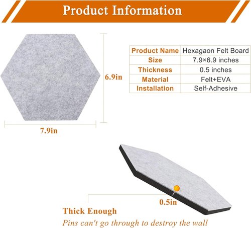 Regine Switzerland Hexagon Felt Cork Bulletin Board Tiles - Self-Adhesive DIY Wall Decor (8 Pcs, Gradual Brown)