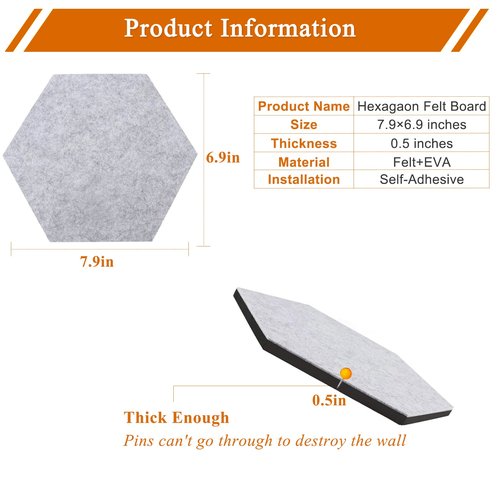 HULAVO 8Pcs Hexagon Felt Cork Board Tiles, Self Adhesive DIY Bulletin Board Pin Board for Office School Home Wall Decor Stickers Memos Photos Display (Gradual Grey)