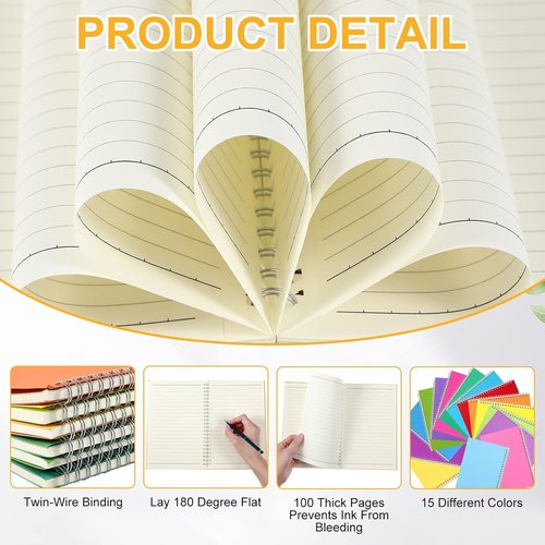 Pasimy Spiral Notebooks - 15 Pack College Ruled Journals in Pastel Colors | 8.3 x 5.5 Inch Size