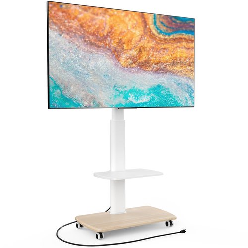 FITUEYES Rolling TV Stand with Power Outlets, Swivel Portable TV Stand for 32-70 Inch LCD LED OLED Flat/Curved Panel Screen TVs, Height Adjustable&Wood Base, Mobile TV Cart with Shelf