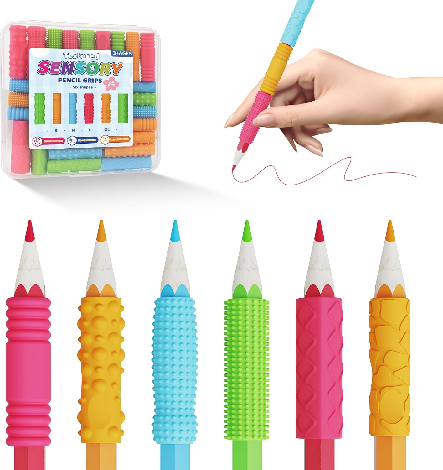 Skiennix Sensory Pencil Grips - 24 Pack Silicone Fidget Toys for Kids & Adults | Autism & ADHD Relief