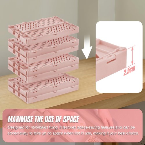 HOYA PONYOO 4 Pcs Collapsible Storage Crates, 10x5.9x4 inches Space-Saving Folding Containers, Stackable Plastic Boxes for Home Kitchen Office Bedroom Bathroom, Pink